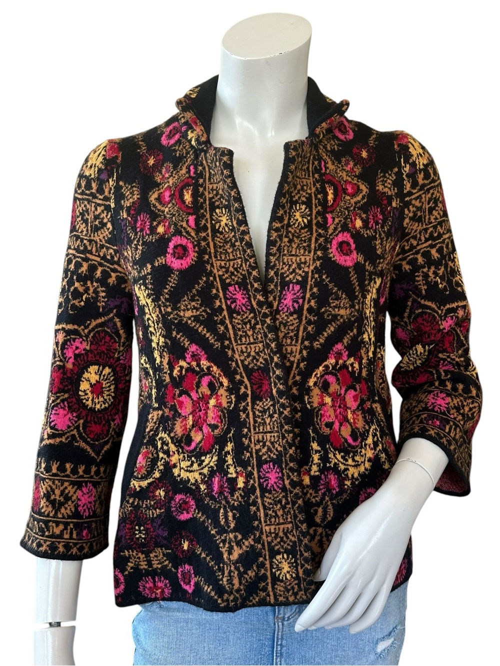 Anthropologie Moth Payton Jacquard Gold Pink Button Collared Cardigan Jacket XS